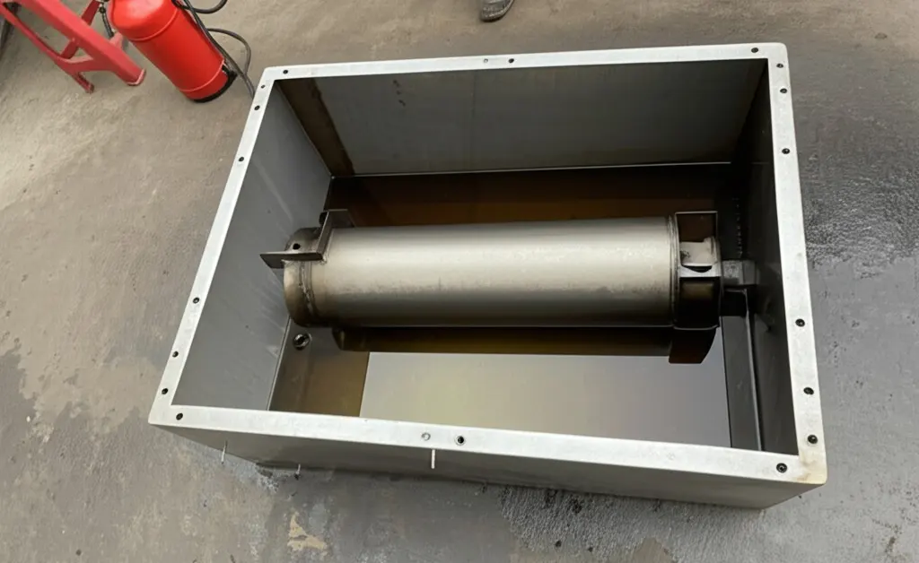 Draining hydraulic oil from a cylinder before welding