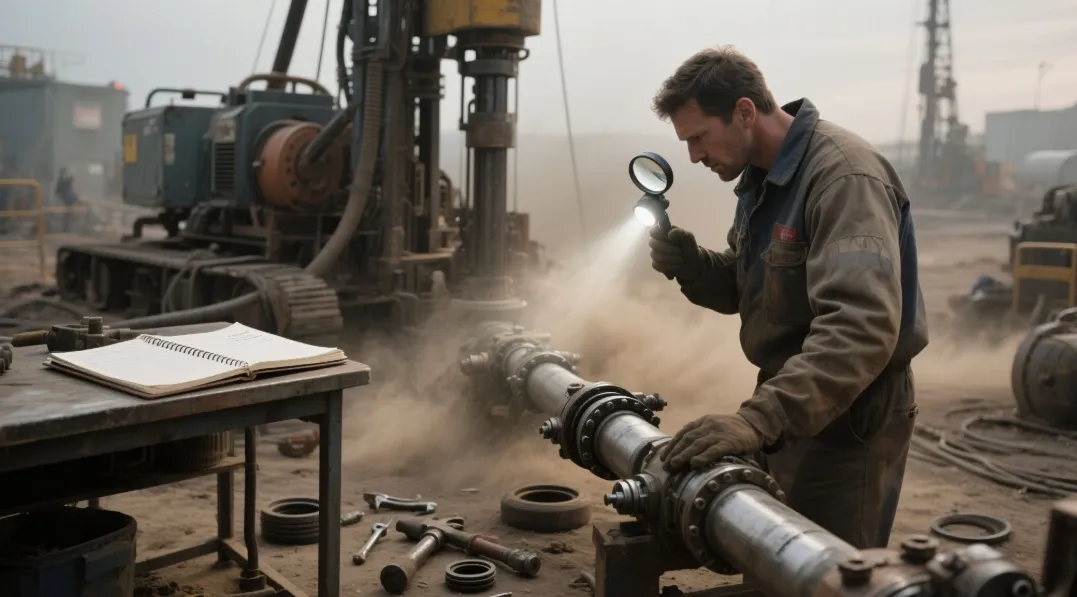 Technician inspecting hydraulic cylinder