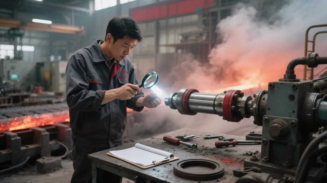 Technician inspecting steel mill hydraulic cylinder